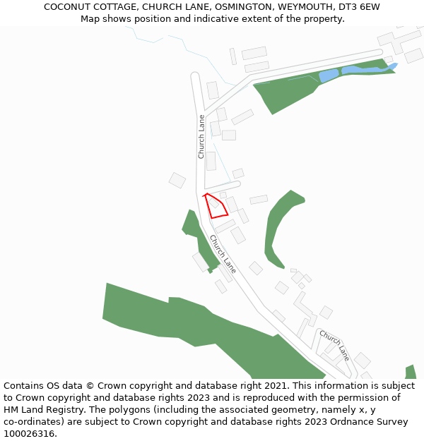 COCONUT COTTAGE, CHURCH LANE, OSMINGTON, WEYMOUTH, DT3 6EW: Location map and indicative extent of plot