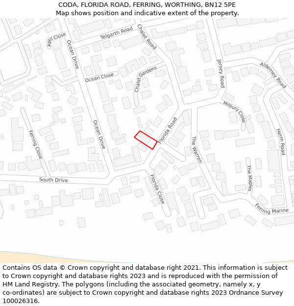 CODA, FLORIDA ROAD, FERRING, WORTHING, BN12 5PE: Location map and indicative extent of plot