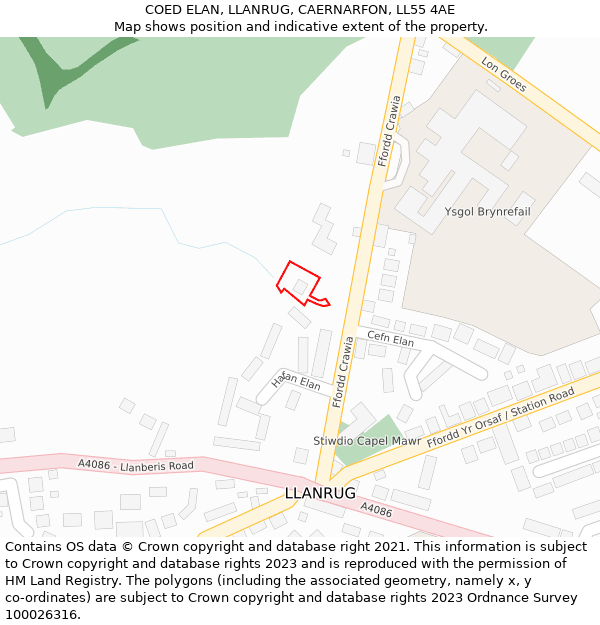 COED ELAN, LLANRUG, CAERNARFON, LL55 4AE: Location map and indicative extent of plot