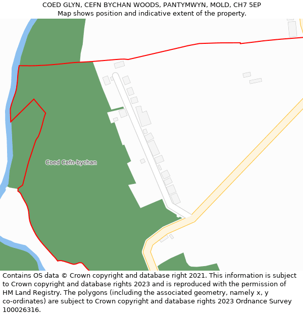 COED GLYN, CEFN BYCHAN WOODS, PANTYMWYN, MOLD, CH7 5EP: Location map and indicative extent of plot