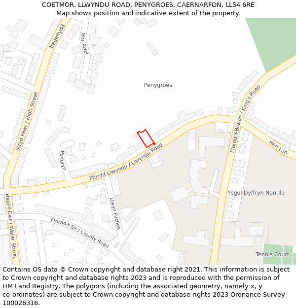 COETMOR, LLWYNDU ROAD, PENYGROES, CAERNARFON, LL54 6RE: Location map and indicative extent of plot