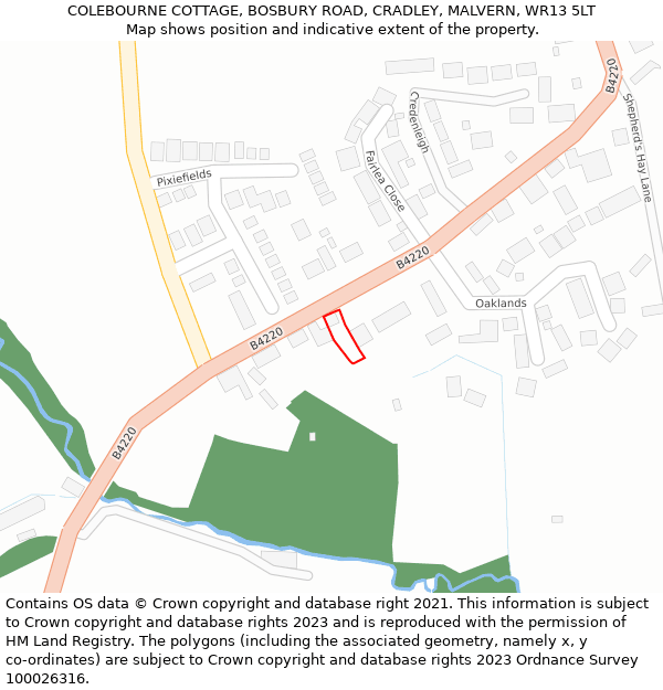 COLEBOURNE COTTAGE, BOSBURY ROAD, CRADLEY, MALVERN, WR13 5LT: Location map and indicative extent of plot