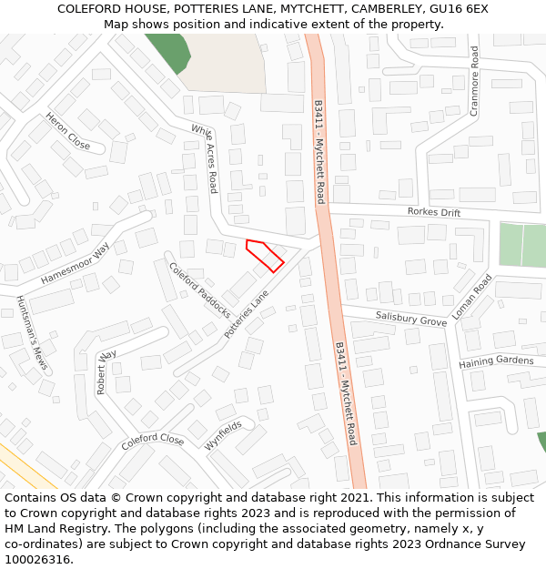 COLEFORD HOUSE, POTTERIES LANE, MYTCHETT, CAMBERLEY, GU16 6EX: Location map and indicative extent of plot