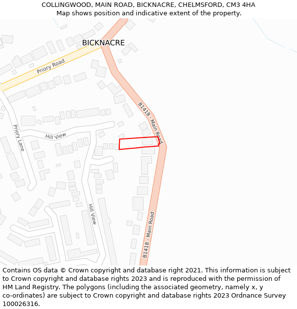 COLLINGWOOD, MAIN ROAD, BICKNACRE, CHELMSFORD, CM3 4HA: Location map and indicative extent of plot