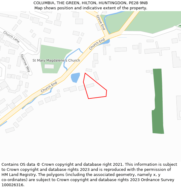 COLUMBIA, THE GREEN, HILTON, HUNTINGDON, PE28 9NB: Location map and indicative extent of plot