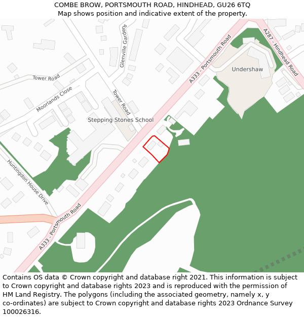 COMBE BROW, PORTSMOUTH ROAD, HINDHEAD, GU26 6TQ: Location map and indicative extent of plot