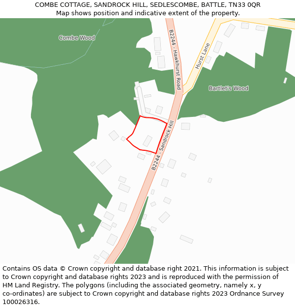 COMBE COTTAGE, SANDROCK HILL, SEDLESCOMBE, BATTLE, TN33 0QR: Location map and indicative extent of plot