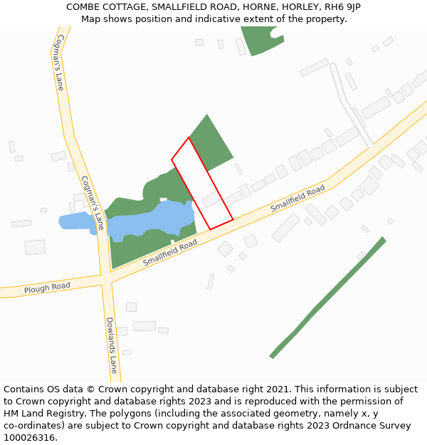COMBE COTTAGE, SMALLFIELD ROAD, HORNE, HORLEY, RH6 9JP: Location map and indicative extent of plot