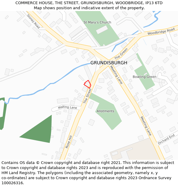 COMMERCE HOUSE, THE STREET, GRUNDISBURGH, WOODBRIDGE, IP13 6TD: Location map and indicative extent of plot