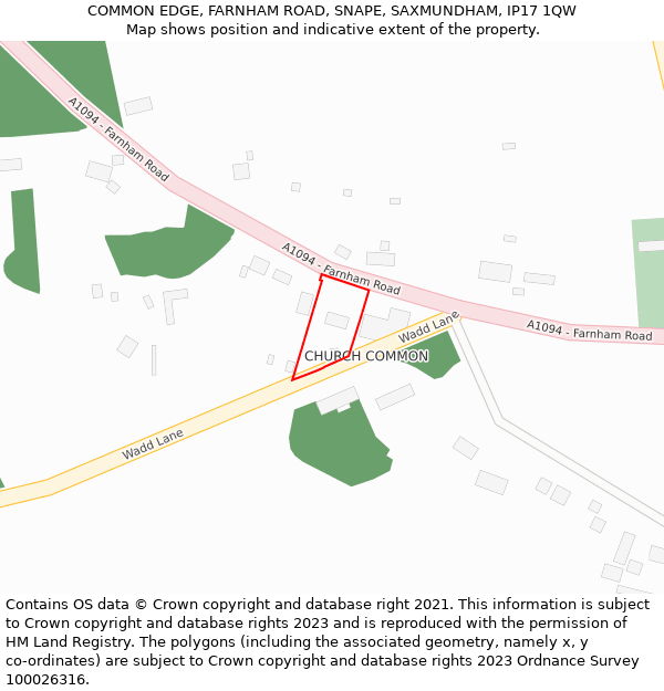 COMMON EDGE, FARNHAM ROAD, SNAPE, SAXMUNDHAM, IP17 1QW: Location map and indicative extent of plot