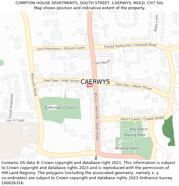 COMPTON HOUSE APARTMENTS, SOUTH STREET, CAERWYS, MOLD, CH7 5AL: Location map and indicative extent of plot