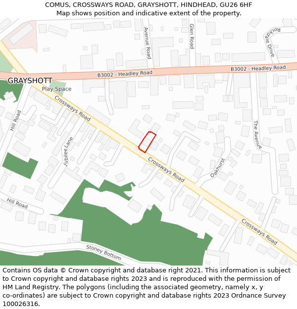 COMUS, CROSSWAYS ROAD, GRAYSHOTT, HINDHEAD, GU26 6HF: Location map and indicative extent of plot