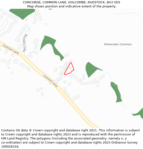 CONCORDE, COMMON LANE, HOLCOMBE, RADSTOCK, BA3 5DS: Location map and indicative extent of plot