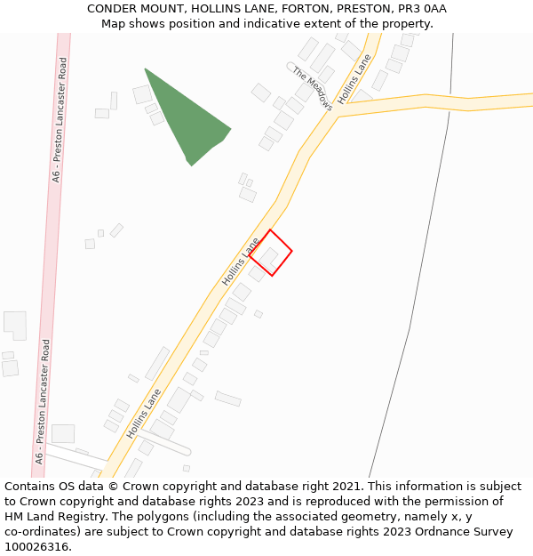 CONDER MOUNT, HOLLINS LANE, FORTON, PRESTON, PR3 0AA: Location map and indicative extent of plot