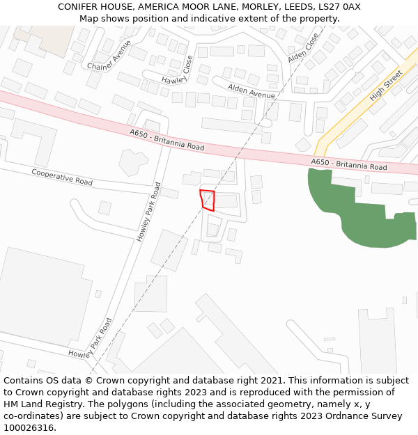 CONIFER HOUSE, AMERICA MOOR LANE, MORLEY, LEEDS, LS27 0AX: Location map and indicative extent of plot