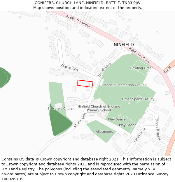 CONIFERS, CHURCH LANE, NINFIELD, BATTLE, TN33 9JW: Location map and indicative extent of plot