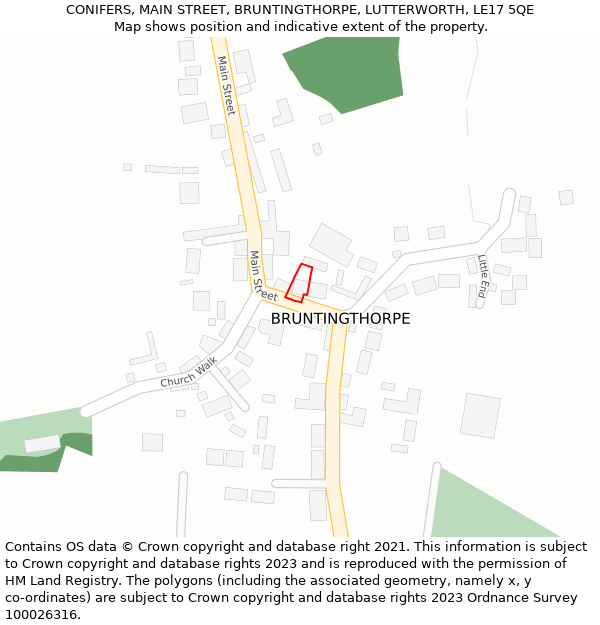 CONIFERS, MAIN STREET, BRUNTINGTHORPE, LUTTERWORTH, LE17 5QE: Location map and indicative extent of plot