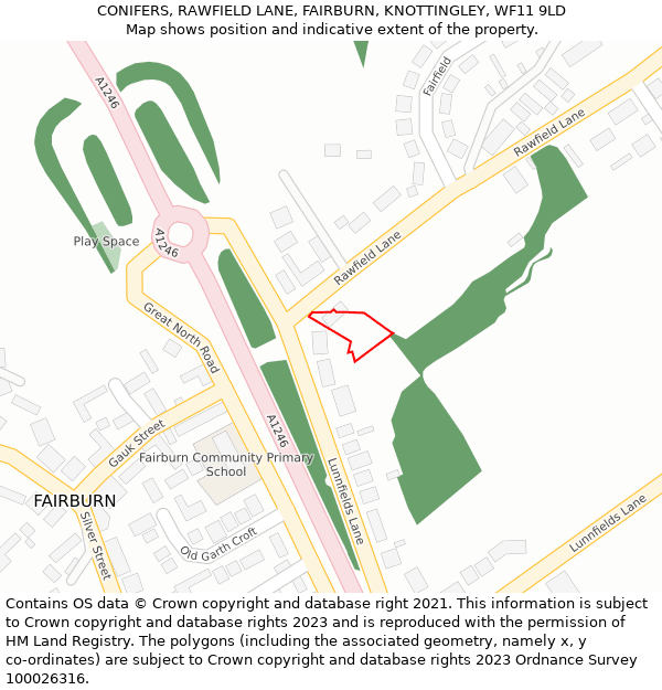 CONIFERS, RAWFIELD LANE, FAIRBURN, KNOTTINGLEY, WF11 9LD: Location map and indicative extent of plot