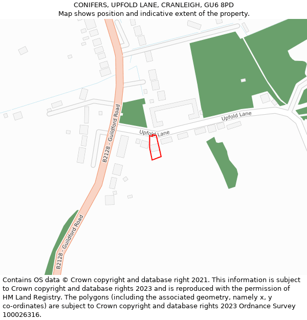 CONIFERS, UPFOLD LANE, CRANLEIGH, GU6 8PD: Location map and indicative extent of plot