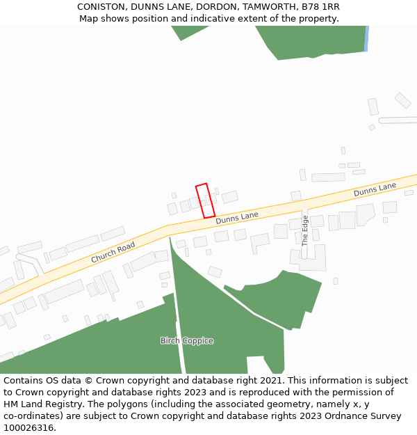 CONISTON, DUNNS LANE, DORDON, TAMWORTH, B78 1RR: Location map and indicative extent of plot