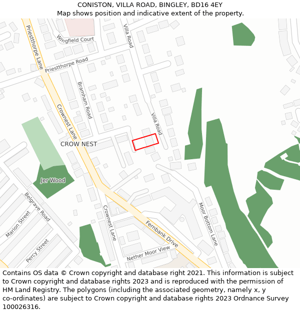 CONISTON, VILLA ROAD, BINGLEY, BD16 4EY: Location map and indicative extent of plot
