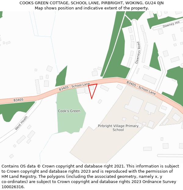 COOKS GREEN COTTAGE, SCHOOL LANE, PIRBRIGHT, WOKING, GU24 0JN: Location map and indicative extent of plot