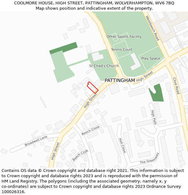 COOLMORE HOUSE, HIGH STREET, PATTINGHAM, WOLVERHAMPTON, WV6 7BQ: Location map and indicative extent of plot