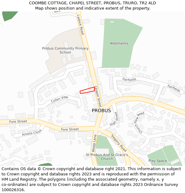 COOMBE COTTAGE, CHAPEL STREET, PROBUS, TRURO, TR2 4LD: Location map and indicative extent of plot