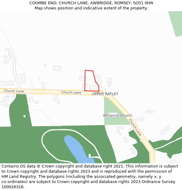 COOMBE END, CHURCH LANE, AWBRIDGE, ROMSEY, SO51 0HN: Location map and indicative extent of plot