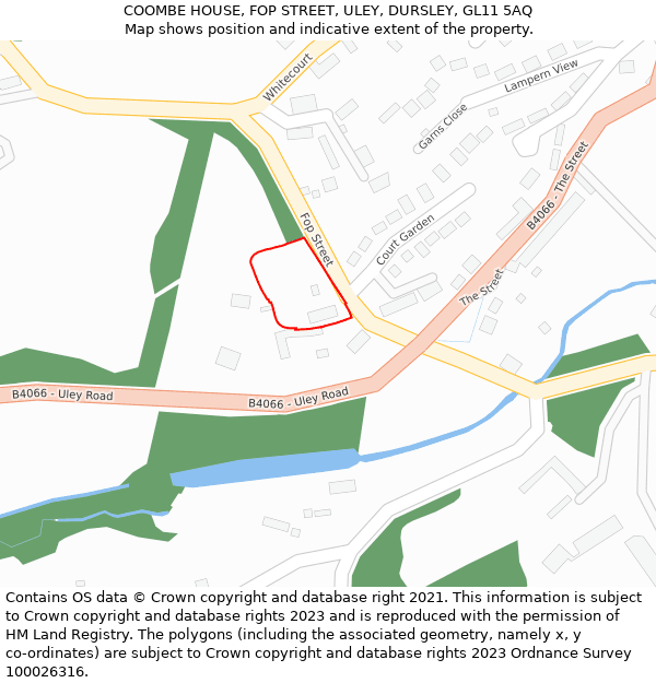 COOMBE HOUSE, FOP STREET, ULEY, DURSLEY, GL11 5AQ: Location map and indicative extent of plot