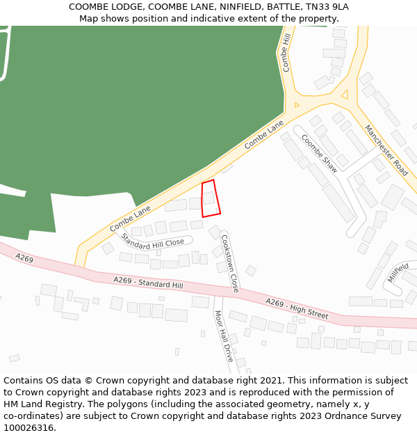 COOMBE LODGE, COOMBE LANE, NINFIELD, BATTLE, TN33 9LA: Location map and indicative extent of plot