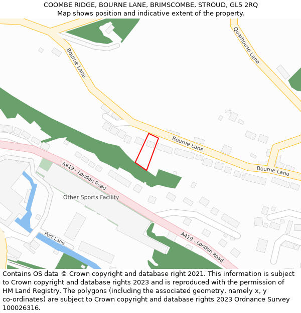COOMBE RIDGE, BOURNE LANE, BRIMSCOMBE, STROUD, GL5 2RQ: Location map and indicative extent of plot