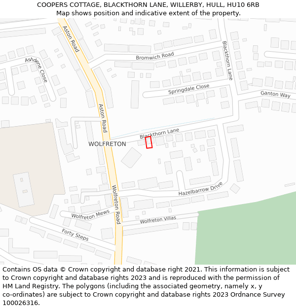COOPERS COTTAGE, BLACKTHORN LANE, WILLERBY, HULL, HU10 6RB: Location map and indicative extent of plot