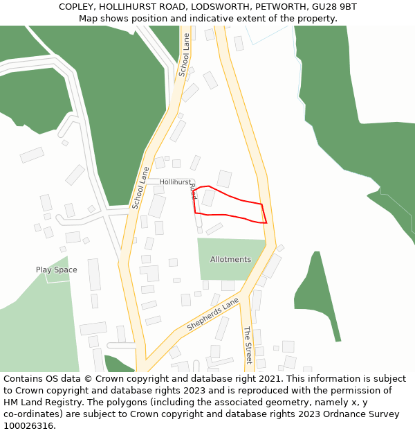 COPLEY, HOLLIHURST ROAD, LODSWORTH, PETWORTH, GU28 9BT: Location map and indicative extent of plot