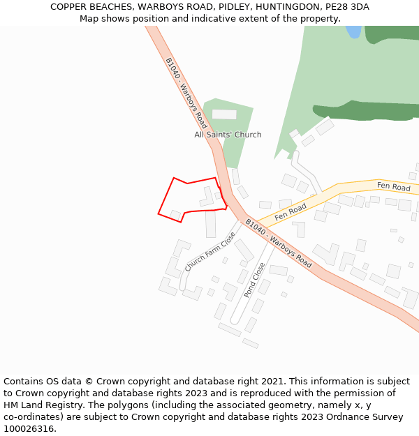COPPER BEACHES, WARBOYS ROAD, PIDLEY, HUNTINGDON, PE28 3DA: Location map and indicative extent of plot