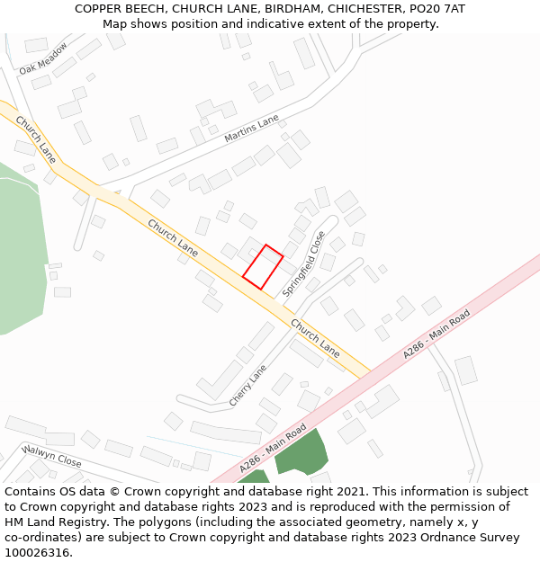 COPPER BEECH, CHURCH LANE, BIRDHAM, CHICHESTER, PO20 7AT: Location map and indicative extent of plot