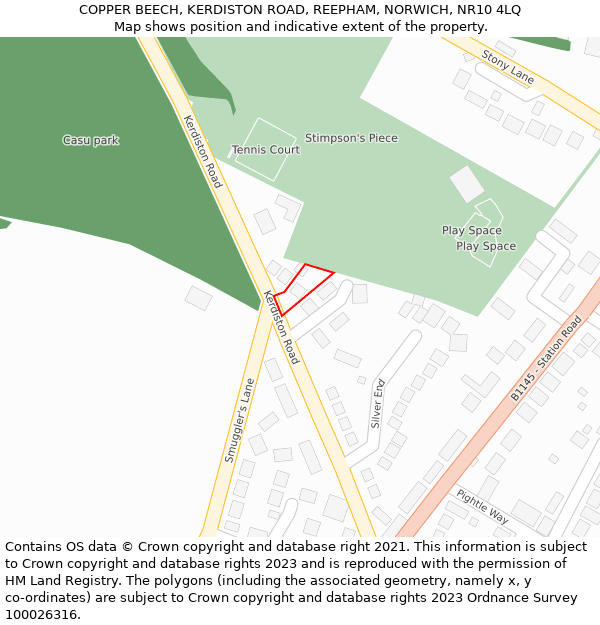 COPPER BEECH, KERDISTON ROAD, REEPHAM, NORWICH, NR10 4LQ: Location map and indicative extent of plot