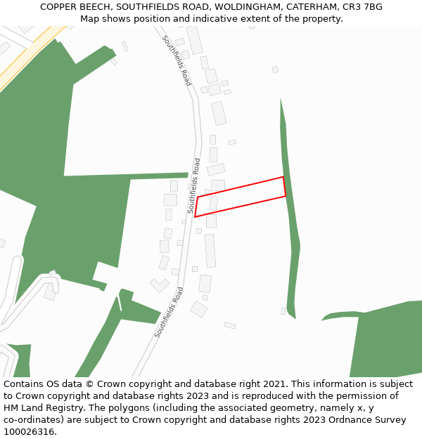 COPPER BEECH, SOUTHFIELDS ROAD, WOLDINGHAM, CATERHAM, CR3 7BG: Location map and indicative extent of plot