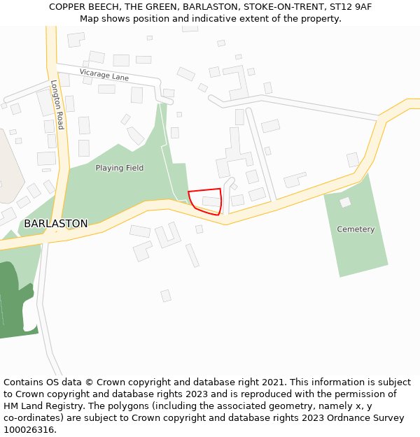 COPPER BEECH, THE GREEN, BARLASTON, STOKE-ON-TRENT, ST12 9AF: Location map and indicative extent of plot