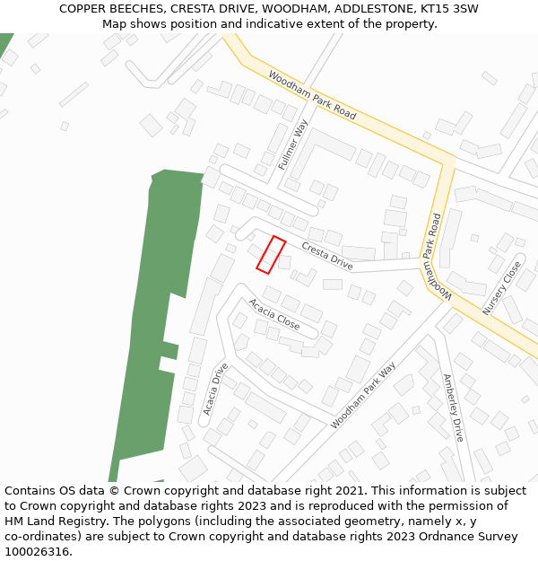 COPPER BEECHES, CRESTA DRIVE, WOODHAM, ADDLESTONE, KT15 3SW: Location map and indicative extent of plot