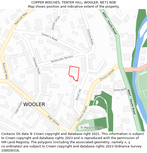 COPPER BEECHES, TENTER HILL, WOOLER, NE71 6DB: Location map and indicative extent of plot