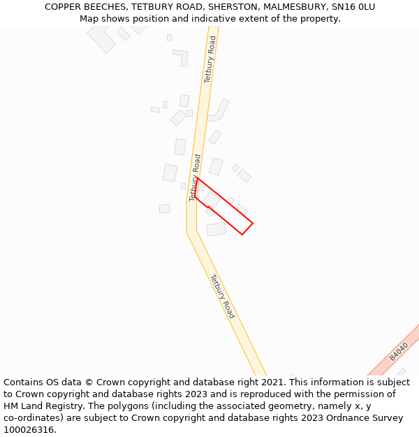 COPPER BEECHES, TETBURY ROAD, SHERSTON, MALMESBURY, SN16 0LU: Location map and indicative extent of plot