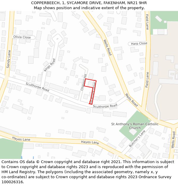 COPPERBEECH, 1, SYCAMORE DRIVE, FAKENHAM, NR21 9HR: Location map and indicative extent of plot