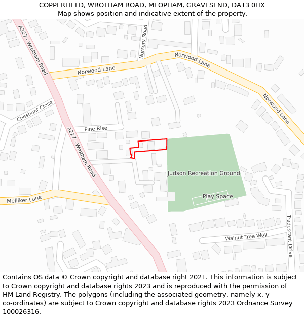 COPPERFIELD, WROTHAM ROAD, MEOPHAM, GRAVESEND, DA13 0HX: Location map and indicative extent of plot