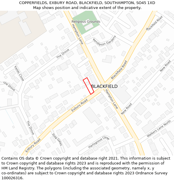 COPPERFIELDS, EXBURY ROAD, BLACKFIELD, SOUTHAMPTON, SO45 1XD: Location map and indicative extent of plot