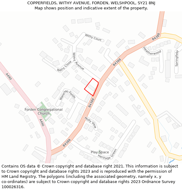 COPPERFIELDS, WITHY AVENUE, FORDEN, WELSHPOOL, SY21 8NJ: Location map and indicative extent of plot