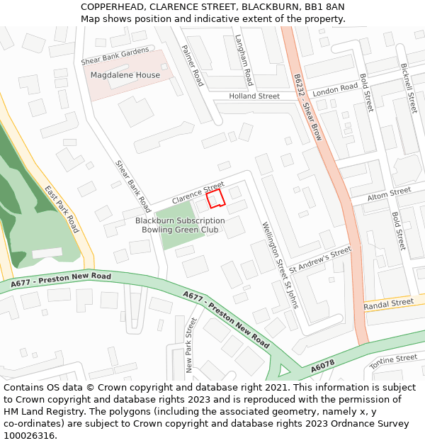 COPPERHEAD, CLARENCE STREET, BLACKBURN, BB1 8AN: Location map and indicative extent of plot