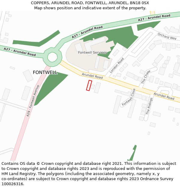 COPPERS, ARUNDEL ROAD, FONTWELL, ARUNDEL, BN18 0SX: Location map and indicative extent of plot