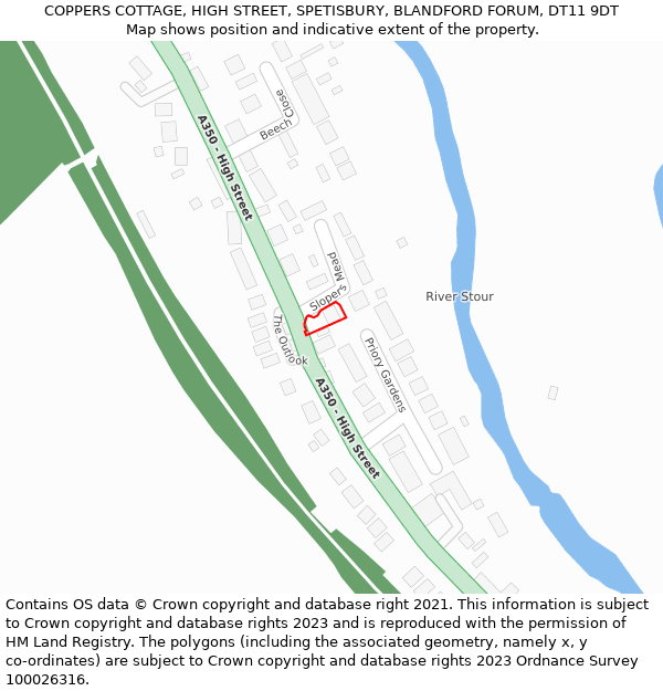 COPPERS COTTAGE, HIGH STREET, SPETISBURY, BLANDFORD FORUM, DT11 9DT: Location map and indicative extent of plot