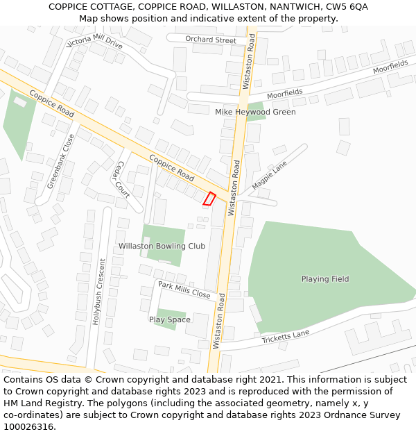 COPPICE COTTAGE, COPPICE ROAD, WILLASTON, NANTWICH, CW5 6QA: Location map and indicative extent of plot